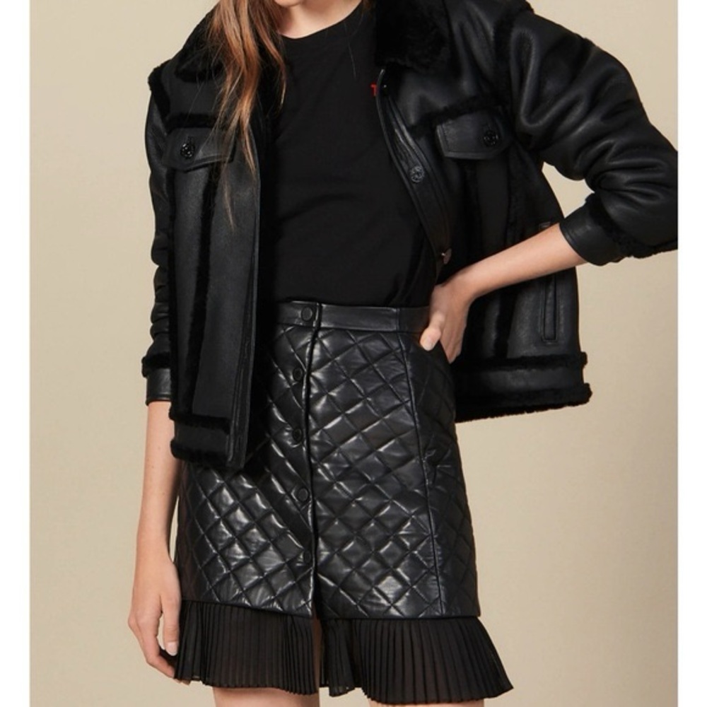Sandro Quilted Black Mini Skirt with Pleats